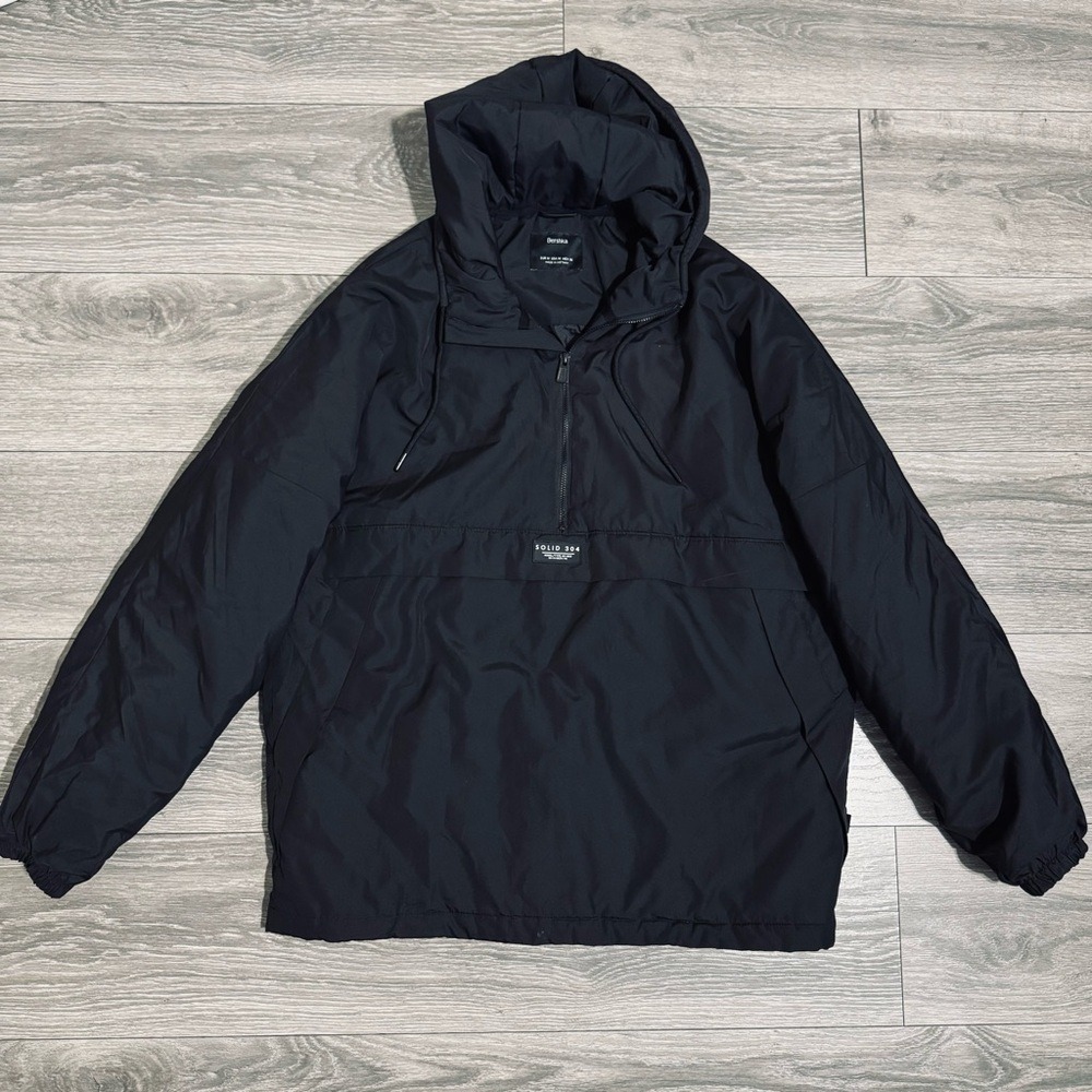 Bershka Mens Solid 304 Half Zip Anorak Hooded Windbreaker Puffer Jacket Black M